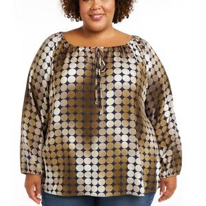 Ellen Tracy Long Sleeve TOP Blouse Large Brown Yellow Geometric Dots Crew SZ XL